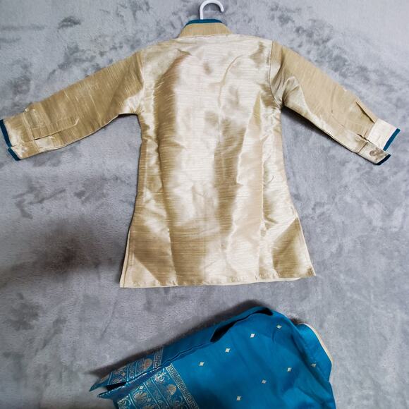 Kurta Suit Jacket & Vest Boys 2 Blue Turqoise Gold Button Front Wedding Indian - Picture 16 of 16